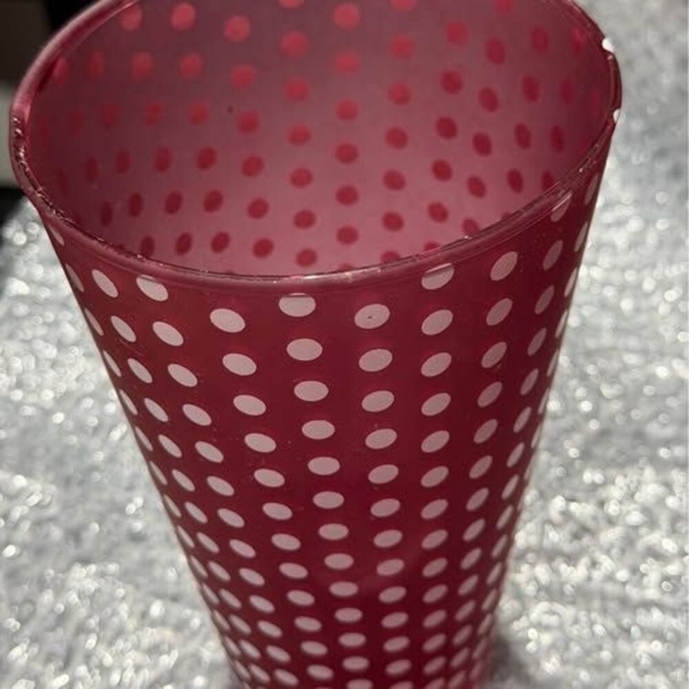 Vintage Red Pink Frosted Glass Vase White Polka Dot Retro Design